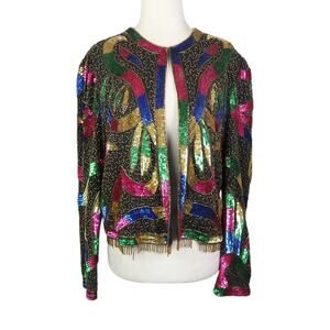 Vintage 90s Scala Black Silk Multicolor Sequin Bead Embellished Jacket